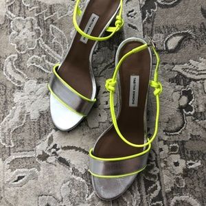 Tabitha Simmons Silver Leather Neon Yellow Heels